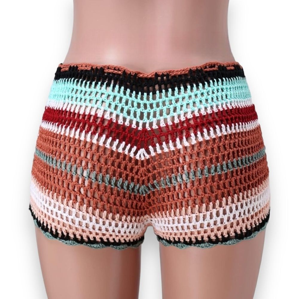 Siesta Brown Mid Rise Drawstring Tie Crochet Shorts